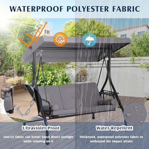Grepatio Outdoor Porch Swing with Canopy and Stand, 3 Person Patio Swing for Adults, Convertible 2 in 1 Porch Bed Swing with Cup Holder, 3 Seat Swings with 2 Pillow Cushions for Garden, Yard (Grey)