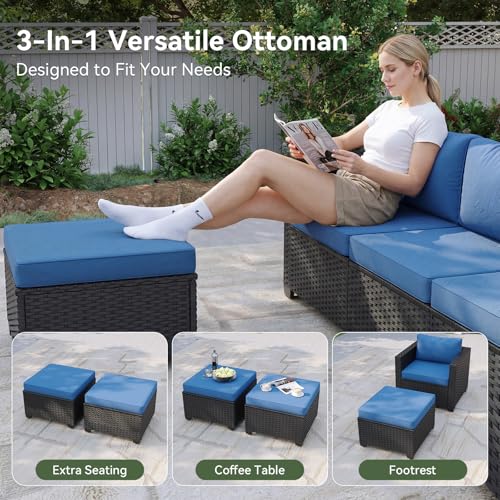 Aoxun Patio Furniture Set with Fire Pit Table, 6 Piece Outdoor Furniture Set with Wicker Ottomans, Rattan Outdoor Sectional Sofa with Thickened Cushion & Waterproof Cover Navy Blue