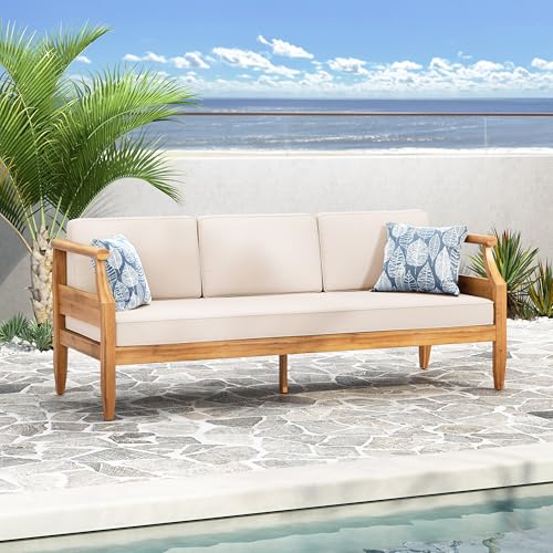 Christopher Knight Home Aston Outdoor 3 Seater Sofa, Upholstered Cushion Couch, Acacia Wood Bench Sofa, Slat Armchair, 73.25" W Spacious Seating Bench Couch for Gardern Porch Balcony, Teak+Beige