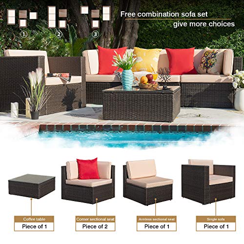 Homall 5 Pieces Outdoor Patio Furniture Sectional Safa Modern Wicker Sets with Cushion All Weather Rattan Conversation Set with Modern Glass Coffee Table for Patio Backyard Poolside Garden