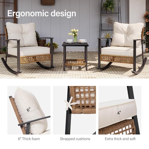 LAUSAINT HOME 3-Piece Rocking Bistro Set, Outdoor Patio Furniture with Thick Cushions and 2-Tier Coffee Table, Oversize Rattan Conversation Set for Garden, Balcony, Backyard (Beige)