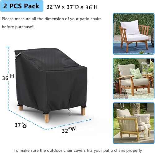Gasadar Patio Chair Covers 2 Pack Waterproof for Outdoor Furniture, Heavy Duty 600D Patio Furniture Covers for Lounge Lawn Deep Seat 32" W x 37" D x 36" H, Black