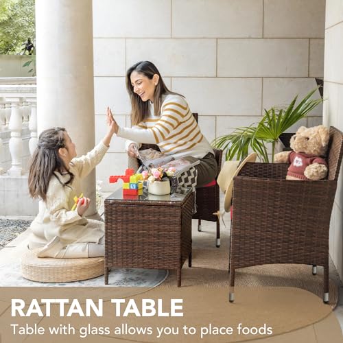 Devoko Patio Porch Furniture Sets 3 Pieces PE Rattan Wicker Chairs with Table Outdoor Garden Furniture Sets (Brown/Red)