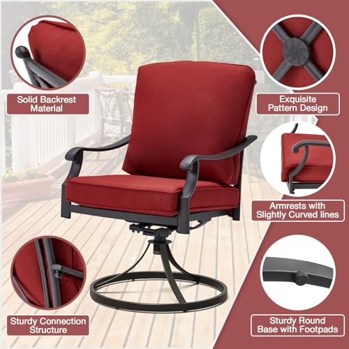 MELLCOM Patio Swivel Chair Set of 2, Heavy Duty Outdoor Dining Chairs with Thickened Cushions, Metal Patio Chairs Gentle Rocker for Outside, Garden Lawn & Porch, Backyard, Red