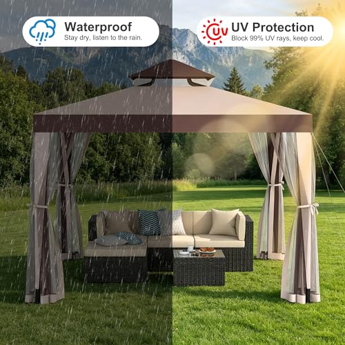 Outdoor Gazebo for Patio, 10×10 Canopy Tent with Mosquito Nettings & Double Roofs, Easy Setup Canopy Shelter for Party, Patio Gazebo for Lawn, Backyard, Garden (Red, 10'x10')