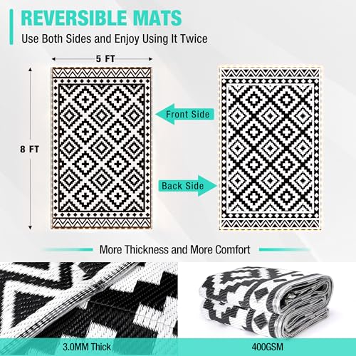 HAUSHOF 5'X8' Outdoor Rug Waterproof with LED Strip Light, Reversible Outdoor Plastic Straw Rug, Patio Rug with 4 Rug Stakes, Outdoor Carpet Mat for RV, Camping, Beach, Porch, Balcony, Black&White