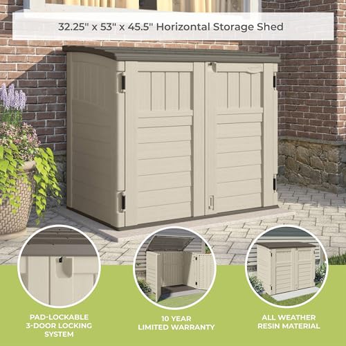 Suncast 34 Cu Ft Horizontal Resin Storage Shed - Outdoor Storage Shed with Floor Included, Lockable, Weatherproof, Fits Small to Medium Trash Cans, Generators, & Garden Tools, Vanilla Stoney