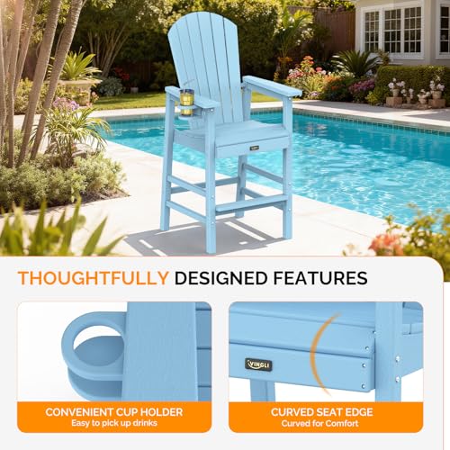 VINGLI Tall Adirondack Chairs Set of 2, All-Weather Plastic Adirondack Chair with Cup Holders, Heavy-Duty HDPE Outdoor Bar Stools for Patio, Balcony, Pool, Backyard (Blue, 2 PCS)