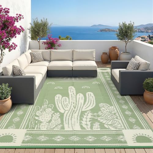 Garvee Reversible Cactus Outdoor Rug 8x10 for Patio, Waterproof Outdoor Area Rug, Modern Desert Botanical Indoor Outdoor Rugs, Plastic Straw Rug for RV, Camping, Deck, Sage Green & Beige