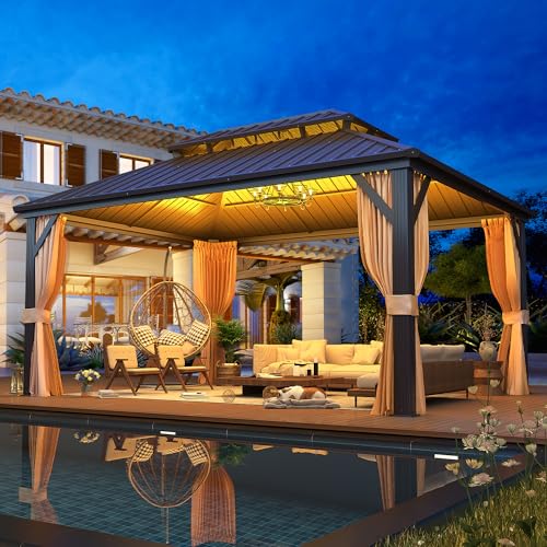EROMMY 12' x 16' Hardtop Gazebo, Aluminum Frame Gazebos with Galvanized Steel Double Roof, Permanent Outdoor Metal Pavilion with Curtain and Netting for Patio, Lawn, Deck