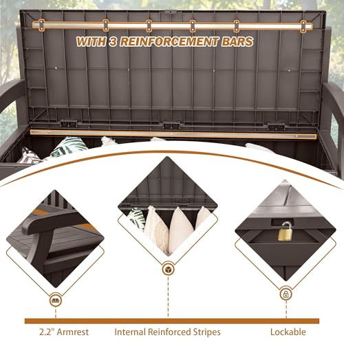 Devoko 80 Gallon Storage Bench Deck Box Lockable for Patio Furniture, Garden Decor and Outdoor Seating for Cushions, Garden Tools and Pool Supplies(Dark Brown)