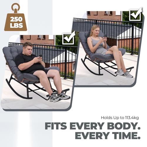 COMHOMA Outdoor Rocking Papasan Chair, Oversized Wicker Patio Rocker, Indoor Comfy Wicker Reading Lounge, Bed-Like Comfort Egg Chair for Bedroom,Balcony, Porch, Garden, Grey