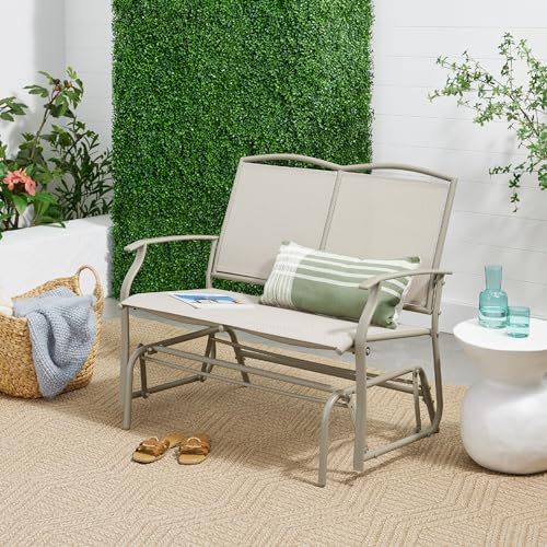 Best Choice Products 2-Person Outdoor Patio Swing Glider Steel Bench Loveseat Rocker for Deck, Porch w/Textilene Fabric, Steel Frame - Taupe