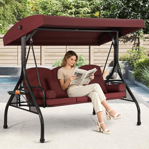3 Seat Outdoor Porch Swing with Adjustable Canopy,2 in 1 Patio Swing Bed with Stand 800lbs for Adults,Outdoor Swing with Removable Cushion, Cup Holder ＆4 Pillow for Backyard, Porch, Garden，Red
