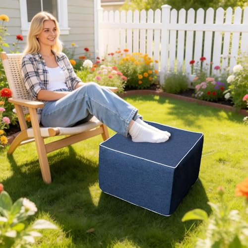 AbunHeri Outdoor Ottoman 20x20x14 Inches Outdoor Square Ottomans for Patio Modern Lightweight Foam Stuffed Pouf Outdoor Footstool Footrest (Navy Blue)
