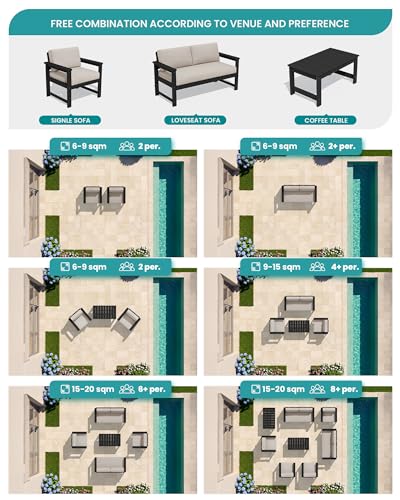 SERWALL 2 Pieces Single Cushioned Sofa Armchair, Black HDPE Adirondack Outdoor Sofa Lounge with Khaki Cushion