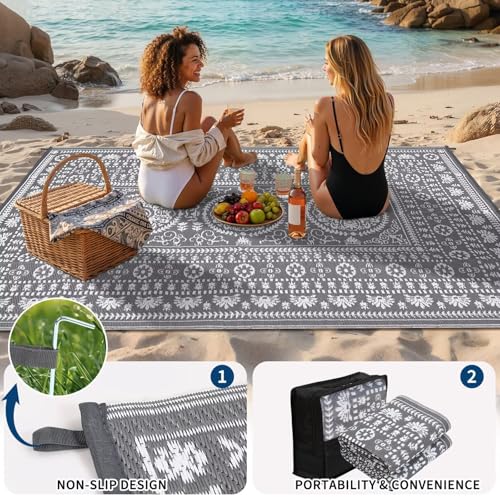 Garvee Reversible Outdoor Rug 5x8 for Patio, Waterproof Outdoor Area Rug, Boho Medallion Indoor Outdoor Carpet for Porch, Plastic Straw Rug for RV, Camping, Deck, Vintage Grey