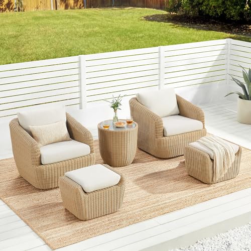 CHITA 5 Pieces Patio Wicker Furniture Set, Outdoor Rattan Bistro Set with Removable Thickened Cushions, Fully Assembled(Beige Cushions with Light Brown Wicker)