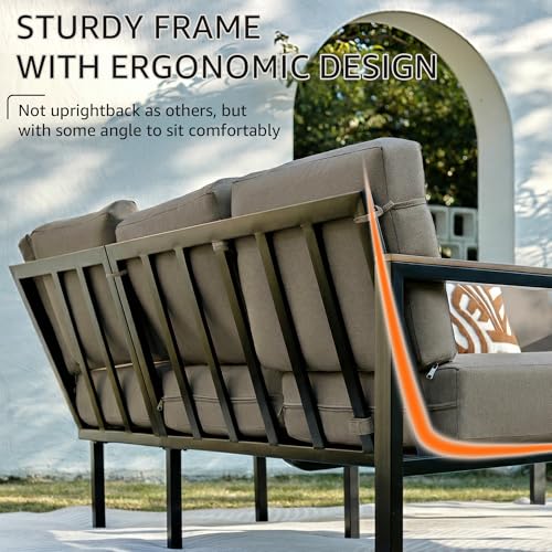 NATURAL EXPRESSIONS 6 Pieces Patio Furniture Set, Outdoor Sofa with Thick Olefin Cushions, Fauxwood Armrest and Tabletop, Ergonomic Highback, Outdoor Sectional Furniture for Backyard, Deck, Shale