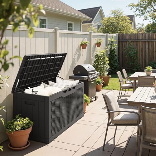Greesum 100 Gallon Resin Deck Box Large Outdoor Storage Boxes with Cushions for Garden Tools, Patio Furniture Pillows, Pool Supplies, Black