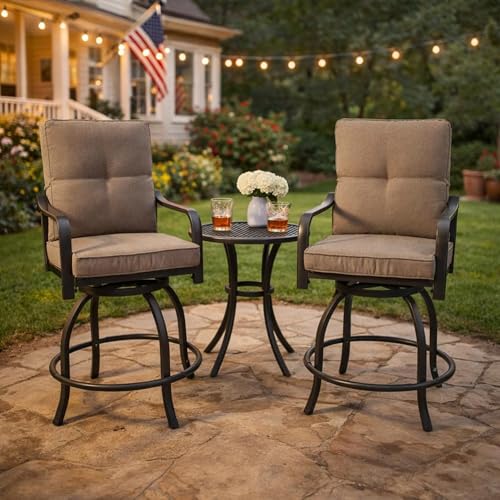 Kozyard Isabella Outdoor Swivel Bar Chairs Set of 2, Counter Height Patio Bar Stools with Cushioned Seats, Weather-Resistant Metal Bistro Chairs for Backyard Dining Beige