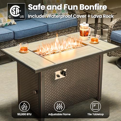 ovios 5-Piece Patio Furniture Set with Swivel Chairs Side Table, Outdoor Wicker Sofa with 42" Fire Pit Table, High Back Couch Modern Conversation Sets, Grey/Denim Blue