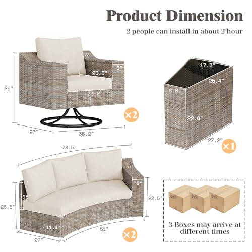 LUXOAK 9-Piece Wicker Patio Furniture Set with Swivel Rocking Chairs, Curved Sectional Sofa with Storage Table, All-Weather Outdoor Conversation Set with 6" Armrests, for Backyard/Garden/Deck