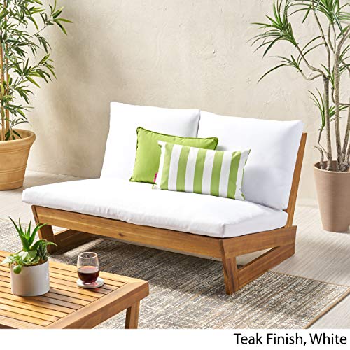 Great Deal Furniture Kaitlyn Outdoor Acacia Wood Loveseat with Cushions, Teak and White
