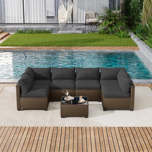LOUVIXA 7 Piece Outdoor Patio Furniture Set, Outdoor Sectional Sofa, Wicker Rattan Patio Furniture, Patio Conversation Set with Coffee Table & Cushions