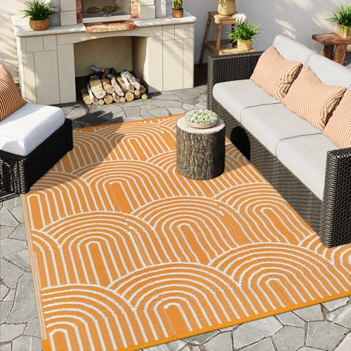 Anidaroel Rainbow Patio Rugs Outdoor 8’X10’ Waterproof, Reversible Camping Rug for Outside RV, Portable Plastic Straw Outdoor Area Rug for Backyard, Garden, Pool Deck (Orange, 8‘X10')