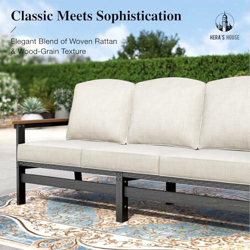 HERA'S HOUSE HDPE Patio Furniture Set, 4-Piece Outdoor Wicker Conversation Couch Set with Thick Cushion, All-Weather Patio Sofa Set for Backyard Garden Deck, Wood Grain Coffee Table
