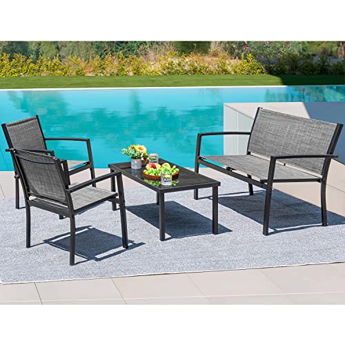 Devoko 4 Pieces Patio Furniture Set Outdoor Garden Patio Conversation Sets Poolside Lawn Chairs with Glass Coffee Table Porch Furniture (Grey)