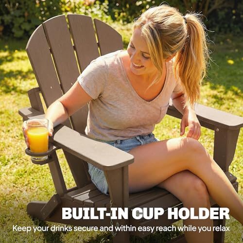 Outsunny Folding Adirondack Chair Set of 2, Outdoor HDPE Fire Pit Chair with Retractable Ottoman, Cup Holder and Large Seat for Deck, Garden, Backyard, Brown