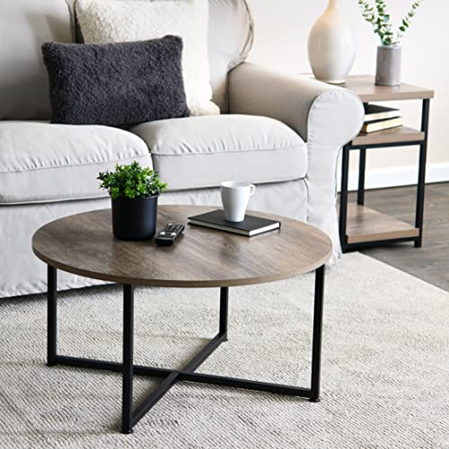 Household Essentials Jamestown Round Coffee Table Ashwood Rustic Wood Grain and Black Metal 31.5 x 31.5, Taupe