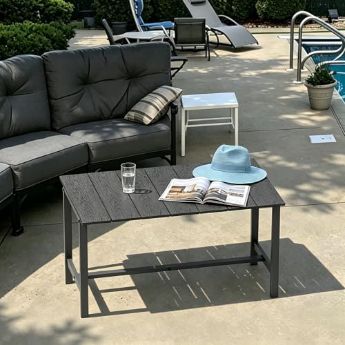 mapleway 33" Outdoor Coffee Table for Patio, Heavy Duty Metal Frame with Wood Slat Top, Weather Resistant Outside Table for Garden Deck Balcony Porch, Easy Assembly, Black