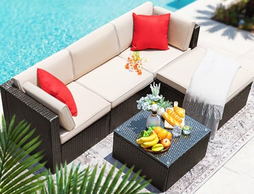 Devoko 5 Pieces Patio Furniture Sets All Weather Outdoor Sectional Patio Sofa Manual Weaving Wicker Rattan Patio Seating Sofas with Cushion and Glass Table (Beige)