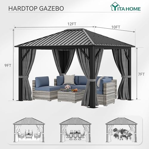 YITAHOME 10'X12' Single Hardtop Gazebo Metal Outdoor Patio Galvanized Iron Aluminum Column Garden Tent Curtains Netting for Backyards Decks Lawns,Gray