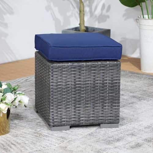 Patiorama 2 Pieces Assembled Outdoor Patio Ottoman, Indoor Outdoor All-Weather Grey Wicker Rattan Outdoor Footstool Footrest Seat w/Navy Blue Cushions,Outdoor Ottoman for Patio,No Assembly Required