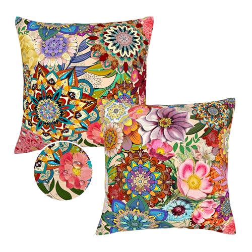 Waiyear Outdoor Pillow Covers 18x18 Boho Floral Waterproof Throw Pillow Covers Colorful Decorative Outdoor Cushion Cases for Patio Funiture Garden Bench Balcony Sofa Couch Set of 2