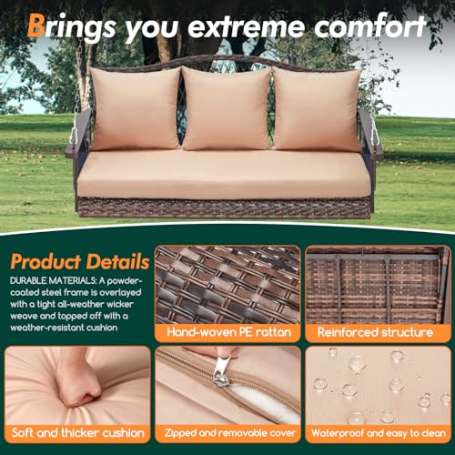 ZZW Upgraded Wicker Hanging Porch Swing Heavy Duty 900lbs 3-Seat Outdoor Patio Swing Chair Bench for Adult w/ 8.9ft Hanging Chains Cushions and Cup Holder