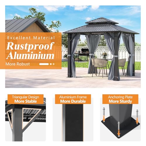 GARTOO 8.5x8.5FT Outdoor Hardtop Gazebo with Double Roof - Aluminum Heavy-Duty Steel Top Gazebo with Breathable Netting & Privacy Curtain for Patio, Porch, Garden, Lawn, Deck, Backyard