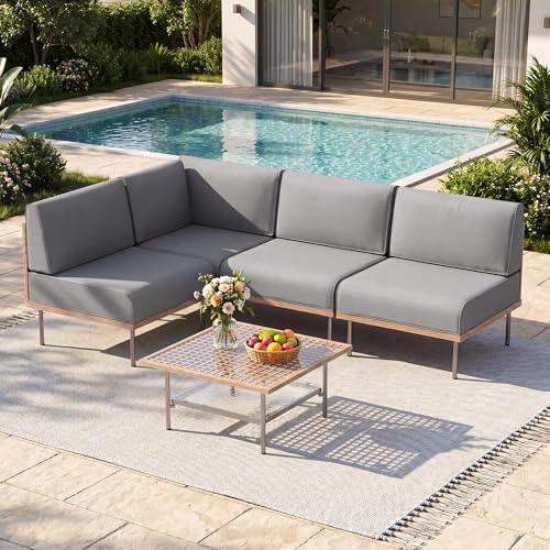 EO Living 5-Piece Modular Outdoor Patio Furniture Set, PE Rattan Sectional Conversation Sofa with Tempered Glass Table and Machine-Washable Cushions (Grey)