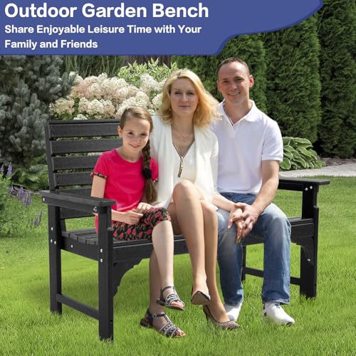 KULAMOON Outdoor Bench Weatherproof - HDPE 2-Person Garden Bench with Cup Holders, Bench Furniture with Backrest and Armrests, 700 lbs Capacity, Patio Park Bench for Front Porch Backyard Park (Black)
