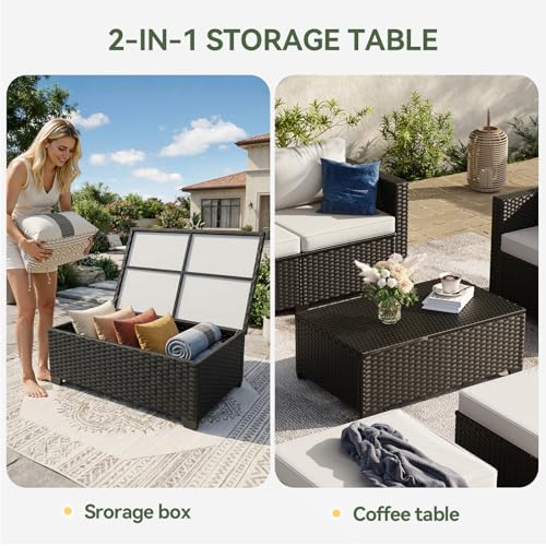 Aoxun 8 Piece Outdoor Patio Furniture Set 7 Seats, Outdoor Sectional with Thick Waterproof Cushions, Patio Conversation Sets for Garden,Backyard, Porch, Balcony, Deck, Black & Beige