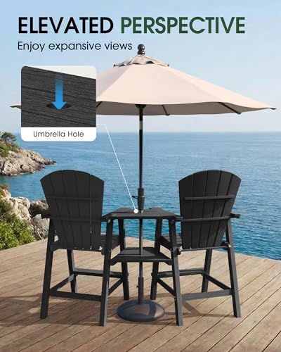 SUUNYN Tall Adirondack Chairs Set of 2, HDPE High Adirondack Chairs with Double Removable Trays, All Weather Outdoor Barstools for Patio, Balcony, Backyard, Deck and Garden, Black