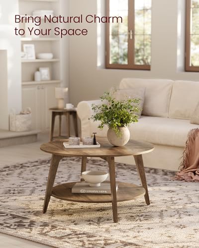 VASAGLE MAEZO Collection - Round Coffee Table, 2-Tier Center Table with Storage, Tapered Legs, Curved Transitions, 31.5 Dia. x 17.7 H Inches, Easy Assembly, for Living Room, Honey Brown ULCT243K41