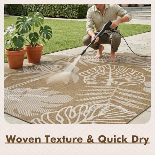 MontVoo-Outdoor Rug-Patio Rug 5x7 ft Polypropylene Indoor Outdoor Rugs Outdoor Carpet for Patio Deck Balcony Porch, Textured Weave, Durable for High Traffic, Fade-Resistant, Tropical Neutral Brown