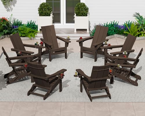 SERWALL Modern Adirondack Chairs Set of 2, Folding Adirondack Chair with Cup Holders, Outdoor HDPE Adirondack Chair for Patio Lawn Garden, Coffee