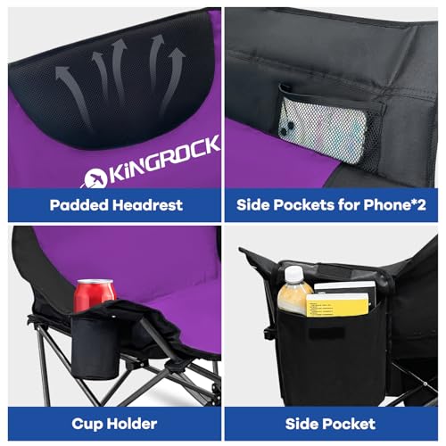 KINGROCK Oversized Rocking Camping Chair with Headrest and Carry Bag, 260LBS Capacity Folding Portable Camp Chairs for Adults, Recliner for Outdoor, Beach, Fishing, Travel, Sports Games,Purple