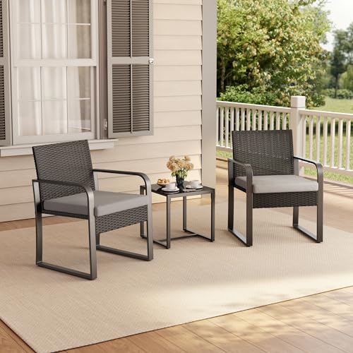 Gizoon 3 Piece Patio Bistro Set, Outdoor Black Wicker Furniture Sets, Modern Rattan Chair Conversation Sets with Coffee Table, for Yard, Garden, Balcony, Poolside, Cushion-Grey